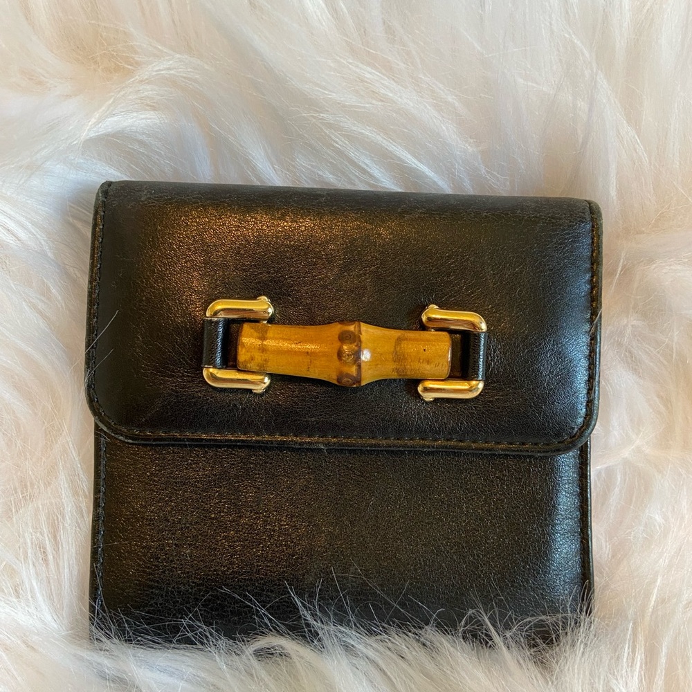 Gucci Black Leather Wallet w/Bamboo Accent